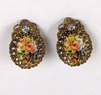 Vintage West Germany Filigree Porcelain Roses AB Rhinestone Clip On Earrings • $29.95