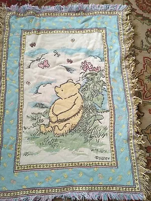 Disney Classic Winnie The Pooh Jacquard Baby Fringed Blanket Tapestry 36x46 Vtg • $40