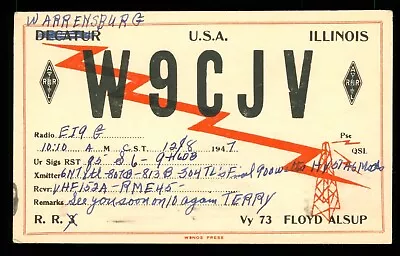 QSL Card Radio USA W9CJV 1947 Warrensburg Illinois Floyd Alsup ≠ A1006 • $12.31