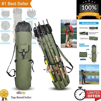 Fishing Rod Bag - Holds 5 Rods & Reels Durable 600D Oxford Fabric Khaki Green • $22.79