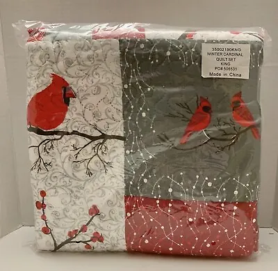 Winter Cardinals King Quilt Bedspread Red Berries Branches Red Gray White • $24.99