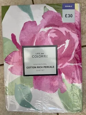 Life From Coloroll In Bloom Floral Pink Cotton Rich Percale Double Duvet Set • £13