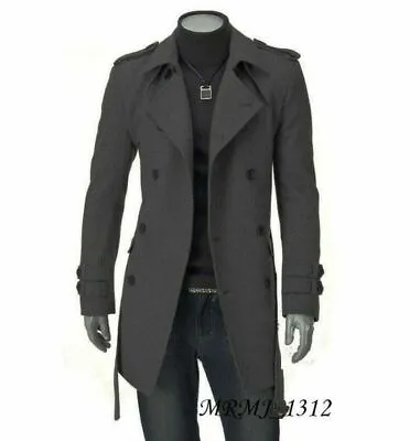 Men's Wool Blend Jacket Trench Coat Business Double Breasted Overcoat Slim Fit • $42.32