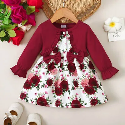 Newborn Baby Girl Ruffle Long Sleeve Floral Dress Kids Party Clothes Outfits Set • £10.69