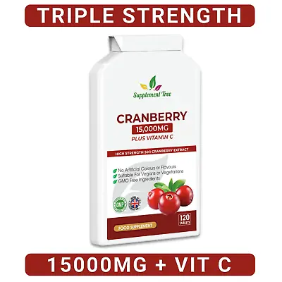 Triple Strength Cranberry 15000mg Plus Vitamin C (120 Tablets) UTI Cystitis  • £9.97