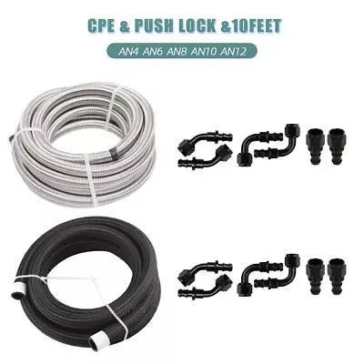 10FT Braided CPE Fuel Oil Line & 4/6/8/10/12AN Push Lock Hose End Fittings Kit • $40.99