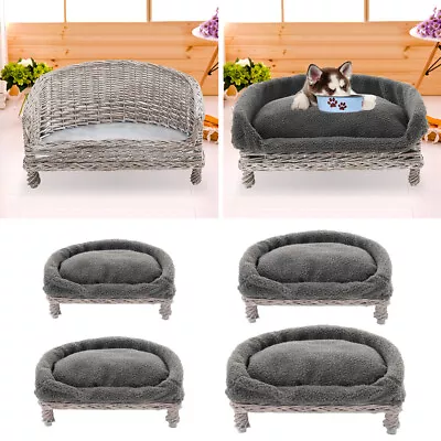 £30.99 • Buy Rattan Wicker Dog Cat Basket Pet Bed Sofa W/ Soft Plush Cushion Elevated Base