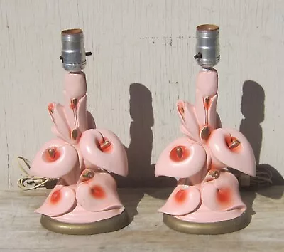 PAIR Of Vintage CALLA LILY Chalkware LAMPS ~ 12 1/2  Tall ~ Pink/Gold • $149.95