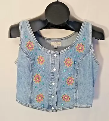 Vintage Guess Jeans Denim Crop VEST Top Snap Button Embroidered Festival Size L • $22