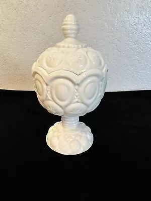 Kanawha Moon And Stars  White MILK GLASS Pedestal Compote With Lid 9” Tall • $65