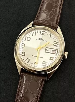 Vintage New MARCEL Men’s 38mm Mechanical Windup Watch Date Gold Case Silver Dial • $75