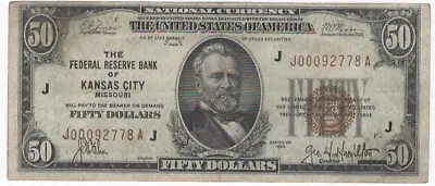 1929 $50 Kansas City Federal Reserve National Currency Banknote Low Serial • $219