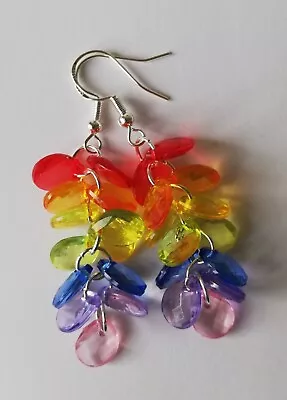 Long Drop / Dangle Earrings - Rainbow Raindrops - Silver Plated - Multi Colour • £4.99