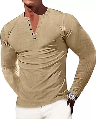 £7.99 • Buy Mens Knit Henley Stretch Top Long Sleeve Tees Athletic Muscle Botton T-Shirt