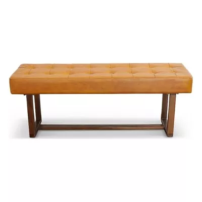 Espresso Mid-Century Modern Rectangular Genuine Leather Bench In Tan • $344.23