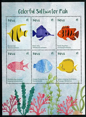 Nevis 2018 MNH Fishes Stamps Colorful Saltwater Fish Tang Butterflyfish 6v M/S • £15.99