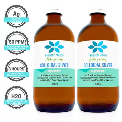 2 X Colloidal Silver 50PPM 500ml 99.999% Pure 6+ Month Supply  Ionic Best Silver • $59.95