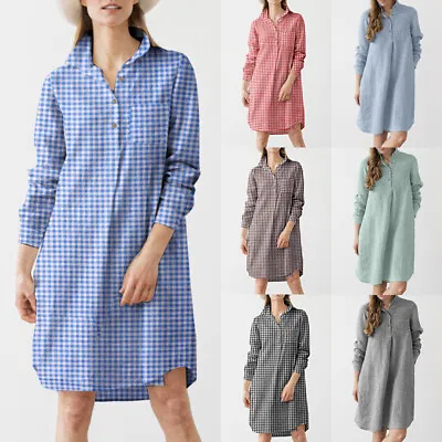 Women Shirt Plaid Dress Casual Long Sleeves Check Shirt Loose Dresses Blous • £11.69