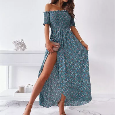 Women Off Shoulder Boho Floral Maxi Dress Ladies Summer Holiday Beach Sundress • £13.19