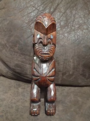 Vintage Hand Carved Wooden Tiki Signed New Zealand Maori Paua Shell Eyes 10 1/2  • $125