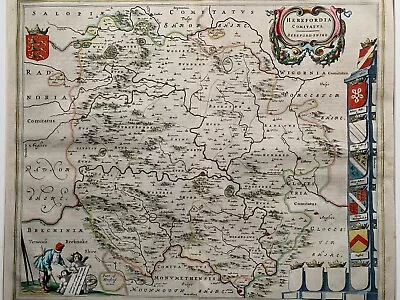 Antique Map Of Herefordshire C1645 By Johanes Blaeu(1596-1673).Mountedunframed. • £225