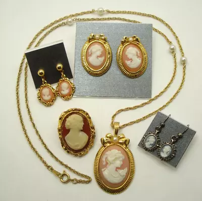 Vintage Cameo Jewelry Lot AVON Earrings Necklace Pendant Set Brooch Sterling • $29.95