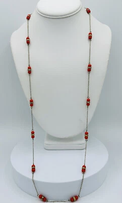 $5.99 • Buy J CREW Gold Long Chain Necklace Double Orange Bead  Crystal Stations