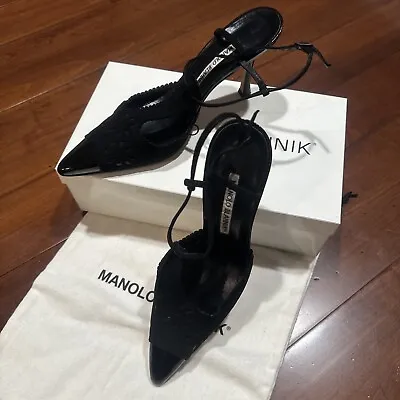 Manolo Blahnik Suede Pumps Size 7.5 Patent Leather Slingback Pointed Toe Shoes • $299.99