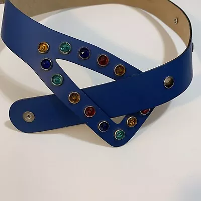 Vintage 80s Blue Jeweled Belt Embellished With Rainbow Colors Excellent Retro • $22.50