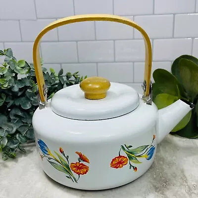 Vintage Enamel Ware White & Red Floral 2 Qt Tea Kettle Pot Wood Handle • $32.99