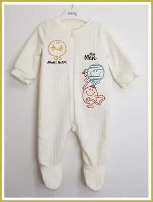 Baby Boys Girls Mr Men Fleece Character Babygrow Ivory Sleepsuit 3-6m NEW • £8.99