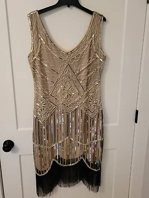 1920s Womens Gatsby Flapper Dress XL Vintage Gold Metallic Sequins Black Fringe  • $45