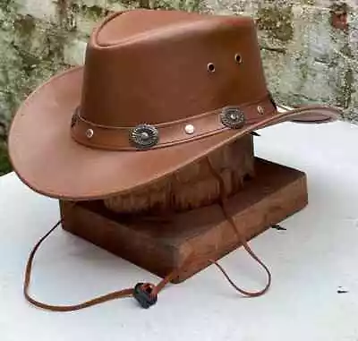 Genuine Leather Western Aussie Cowboy Outback Tan Hat With Chinstrap Unisex • £17.95