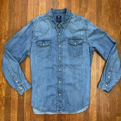 Western Denim Jean Pearl Snap Mens Shirt (XL) Blue Long Sleeve • $25