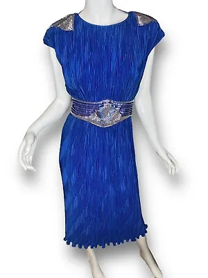 Vintage 1980's Royal Blue Beaded Crinkle Pleated Dress Sz 6 MINT! Tea Length • $69.99