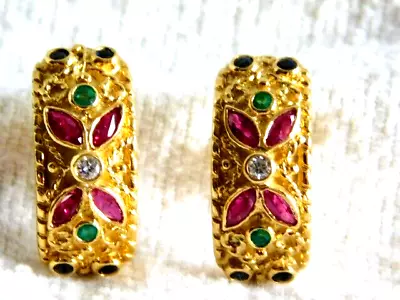 18k Gold Etruscan Byzantine Earrings-Diamond Ruby Emerald Sapphires-11 Grams • $1699.99