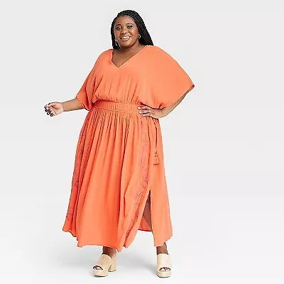 Women's Plus Size Flutter Short Sleeve Embroidered Kaftan A-Line Dress - Knox • $15.99