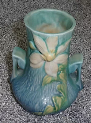 Vtg Roseville Pottery Clematis Blue Green Ceramic 2 Handle 106-7 Vase • $39.99