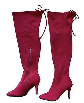 Hot Topics Red Over The Knee Thigh High Boots Faux 4” Heel Suede Size 12 VGUC • $44.99