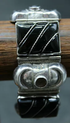 VINTAGE STERLING SILVER MEXICO PANEL BRACELET 7  LONG 31.7mm 64.2g ONYX (E3F) • $59.95