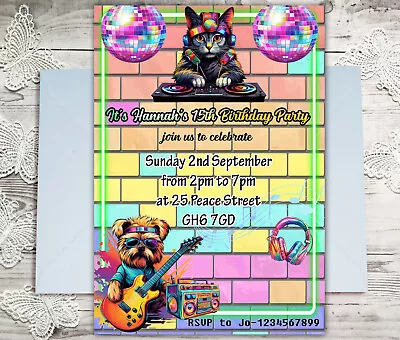 Personalised Disco Birthday Party Invitations Cat Dog Dance Party Invites A6 X10 • £4.18