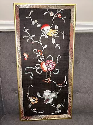 Vintage Chinese Silk Thread Fine Embroidery On Silk Framed Flowers 22.5”x11” • $35