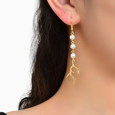 Creative Jewelry Pearl Long Chain Gold Coral Charm Earrings Dangle Hook Earrings • $1.97