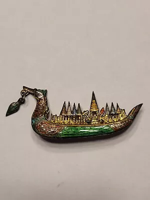 VINTAGE SIAM STERLING SILVER BROOCH PIN ENAMEL DRAGON SHIP BOAT Gorgeous Jewelry • $35