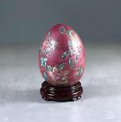 Decorative Ceramic Egg Asian Floral Hand Painted Textured On Wood Stand • $24.99