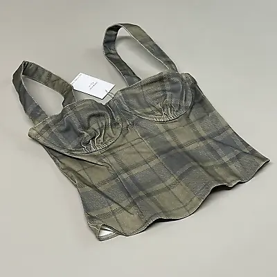 WE WORE WHAT Cropped Denim Corset Women's Sz S ZRN Cool Plaid Green (New) • £13.50