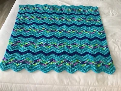 $20 • Buy Crocheted Handmade Baby Afghan Blue Purple Green Yellow New