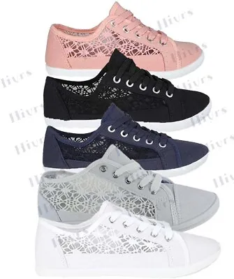 Womens Canvas Shoes Trainers Casual Plimsolls Lace Up Flat Embroidered Pumps • £15.95