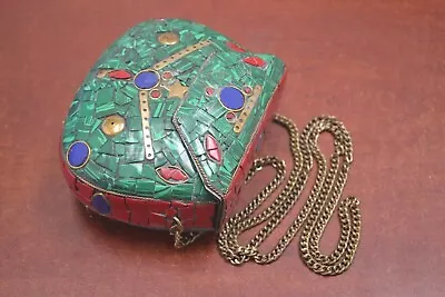 Handmade Turquoise Shell Clutch Vintage Brass Metal Purse #t-2100 • $20