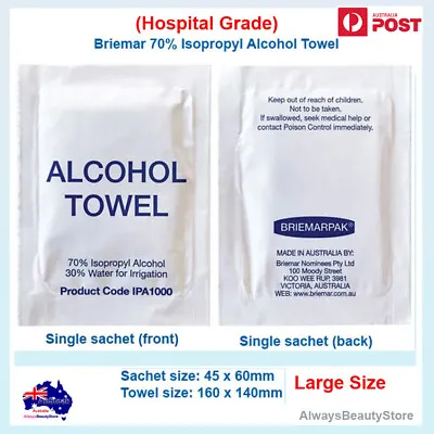 Briemarpak 70% Isopropyl Alcohol Towel Wipes Large Size 160x140mm Pack 25/50/100 • $22.90